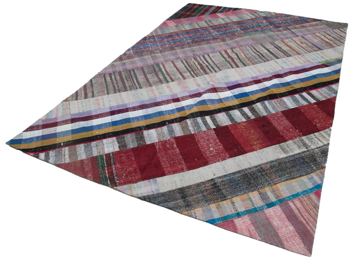Chaput Patchwork Multi Renk Pamuk Üzerine Yün El Dokuma Kilim-203x305 - Görsel 3