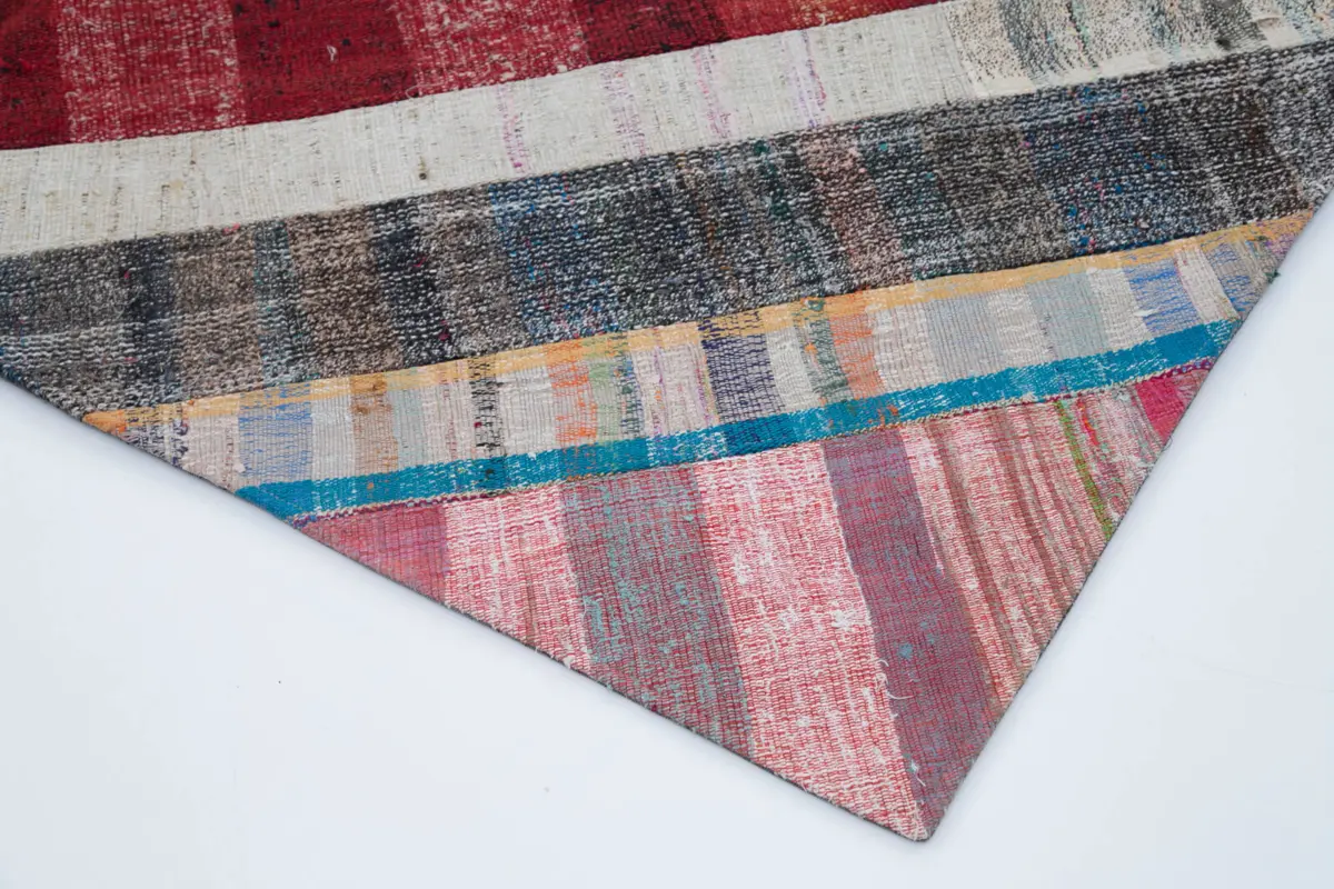 Chaput Patchwork Multi Renk Pamuk Üzerine Yün El Dokuma Kilim-203x305 - Görsel 4