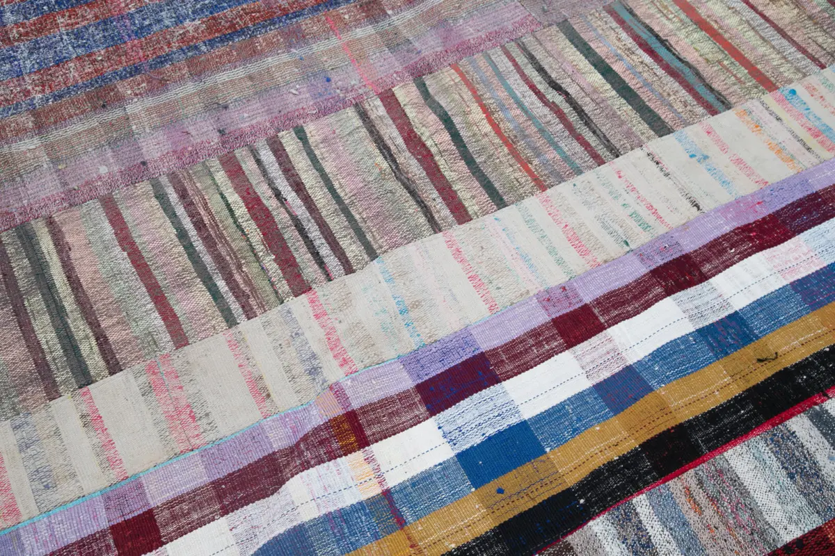 Chaput Patchwork Multi Renk Pamuk Üzerine Yün El Dokuma Kilim-203x305 - Görsel 6