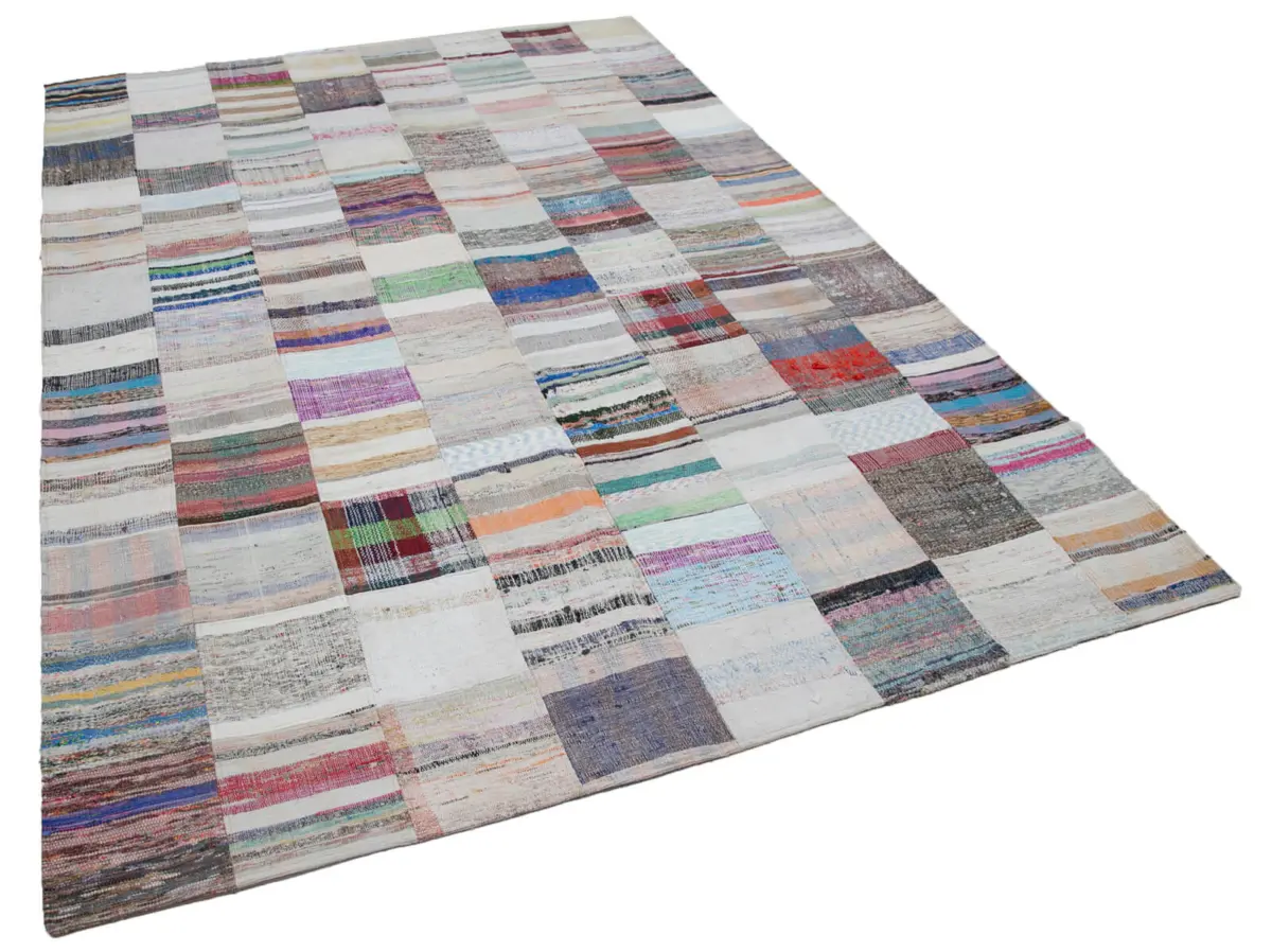 Chaput Patchwork Multi Renk Pamuk Üzerine Yün El Dokuma Kilim-203x301 - Görsel 2