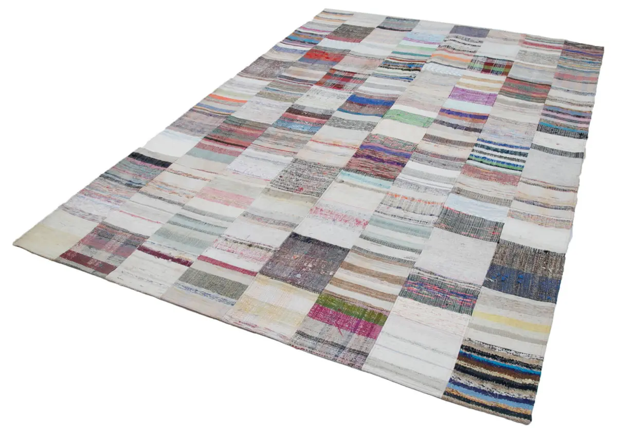 Chaput Patchwork Multi Renk Pamuk Üzerine Yün El Dokuma Kilim-203x301 - Görsel 3