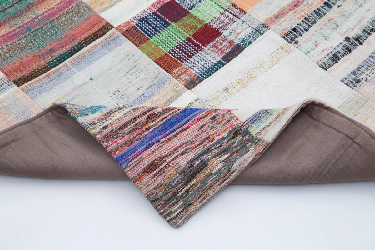Chaput Patchwork Multi Renk Pamuk Üzerine Yün El Dokuma Kilim-203x301 - Görsel 5