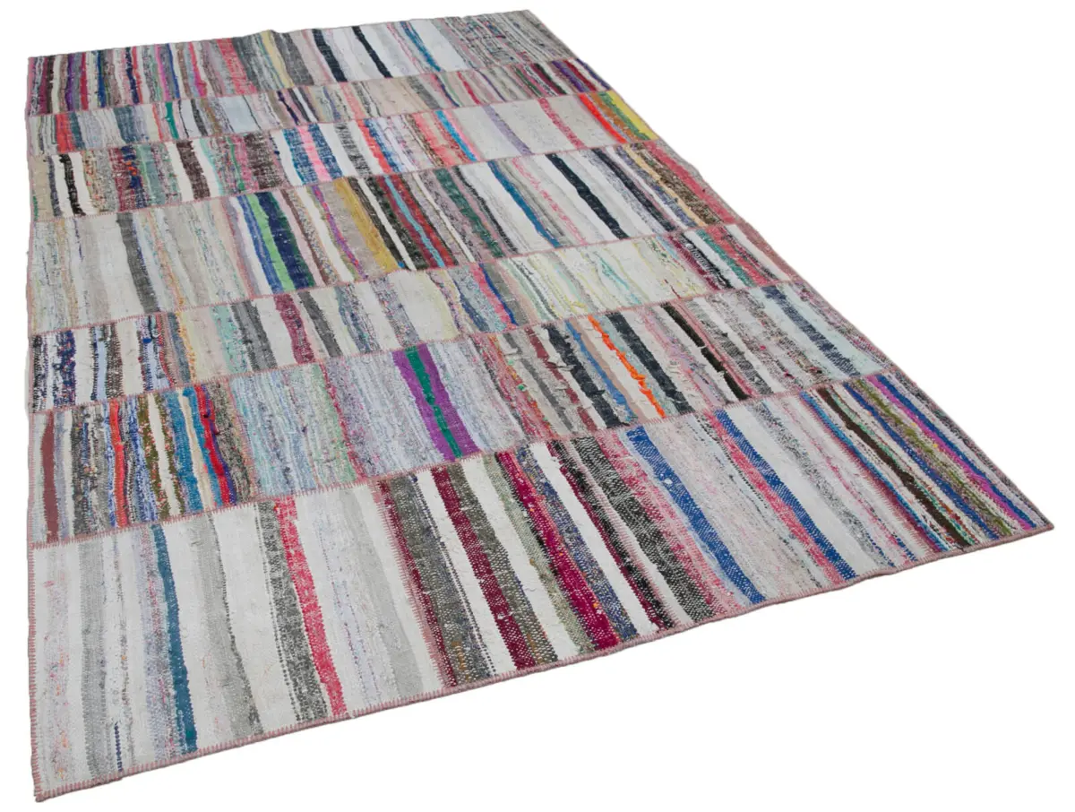 Chaput Patchwork Multi Renk Pamuk Üzerine Yün El Dokuma Kilim-195x290 - Görsel 2