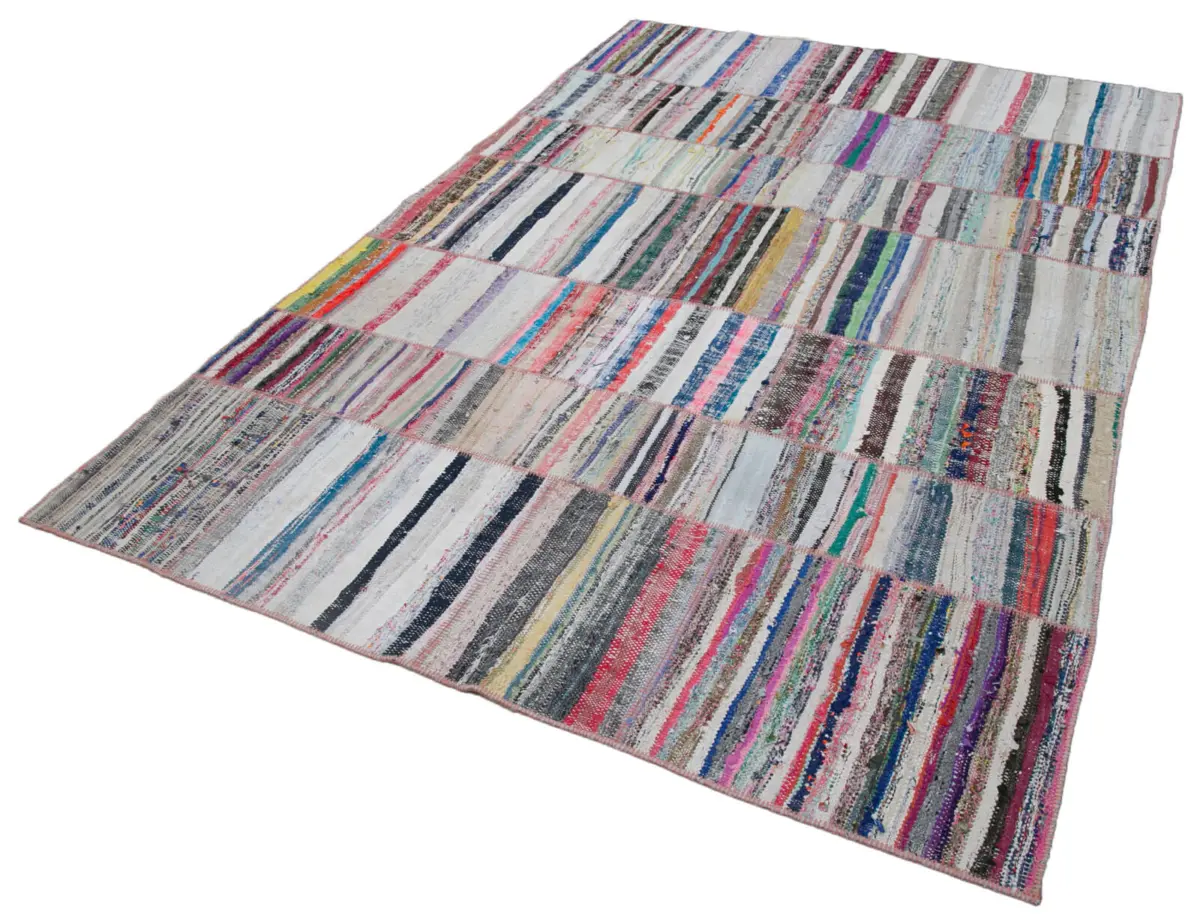 Chaput Patchwork Multi Renk Pamuk Üzerine Yün El Dokuma Kilim-195x290 - Görsel 3