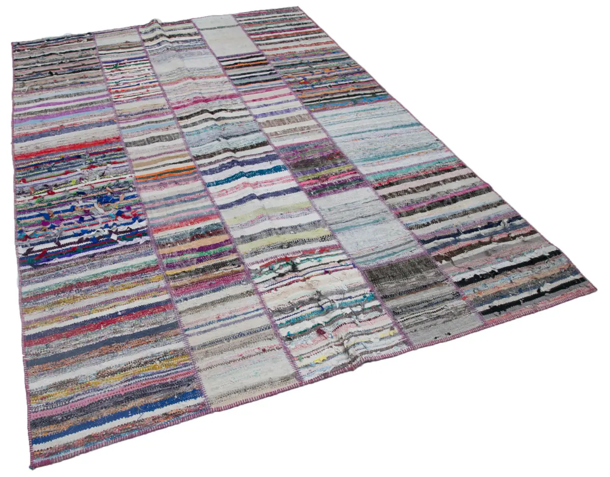 Chaput Patchwork Multi Renk Pamuk Üzerine Yün El Dokuma Kilim-198x290 - Görsel 2