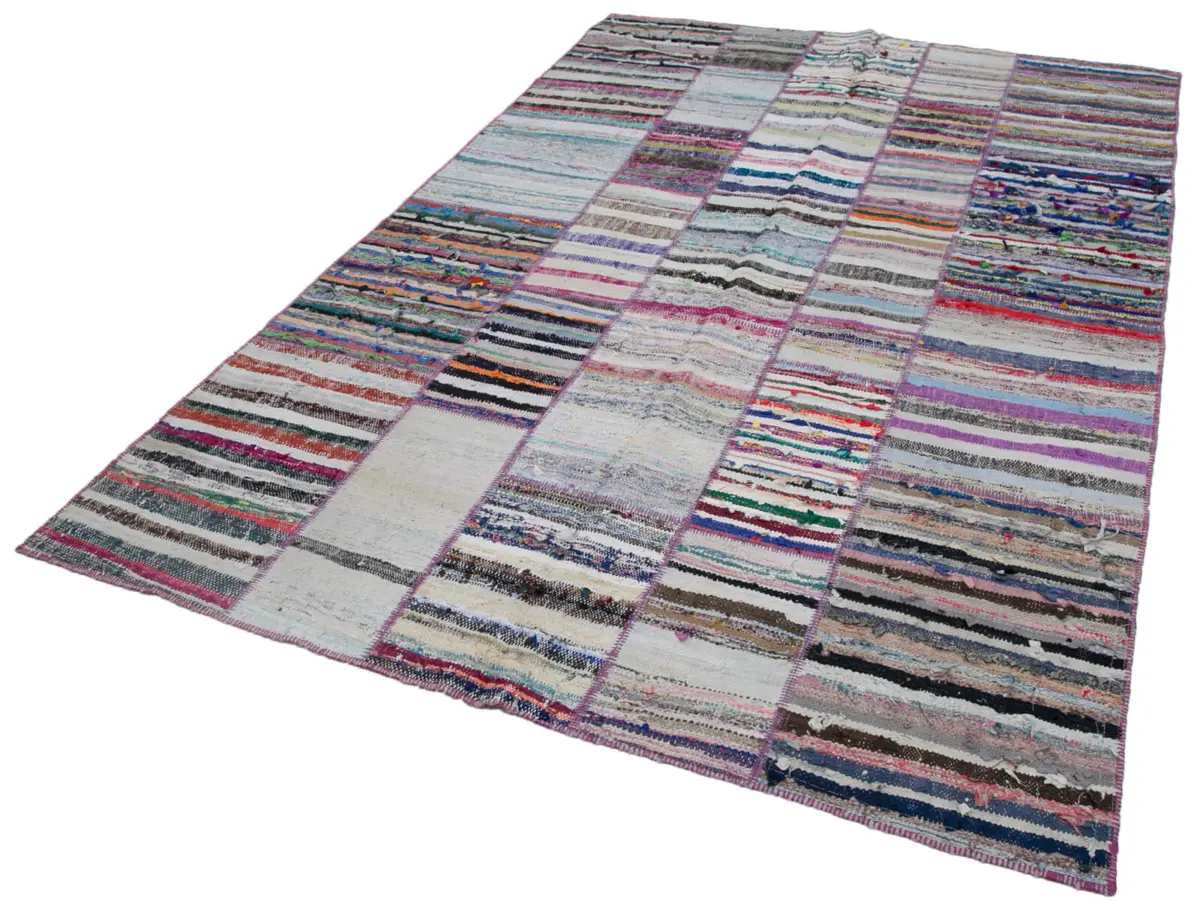Chaput Patchwork Multi Renk Pamuk Üzerine Yün El Dokuma Kilim-198x290 - Görsel 3