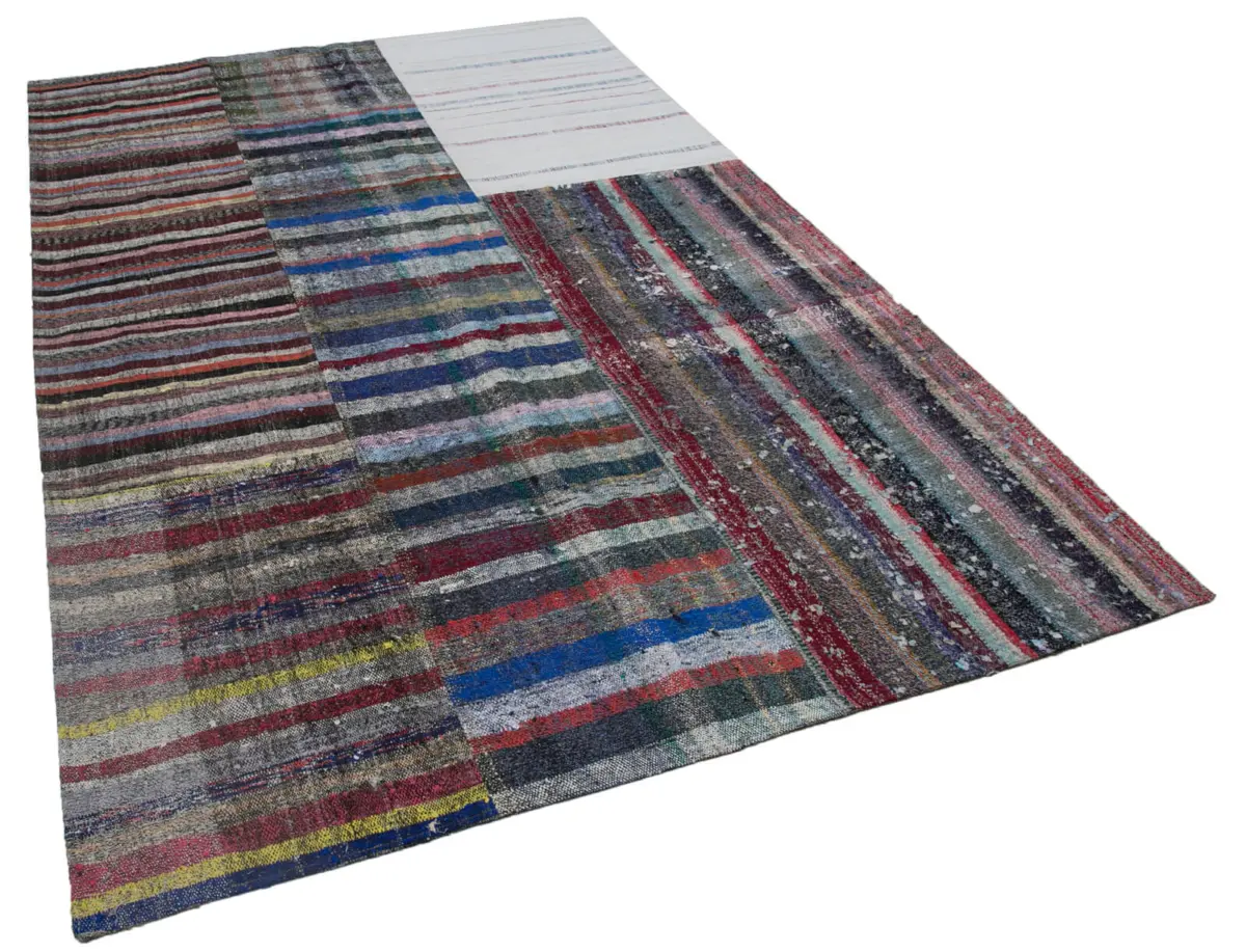 Chaput Patchwork Multi Renk Pamuk Üzerine Yün El Dokuma Kilim-196x299 - Görsel 2