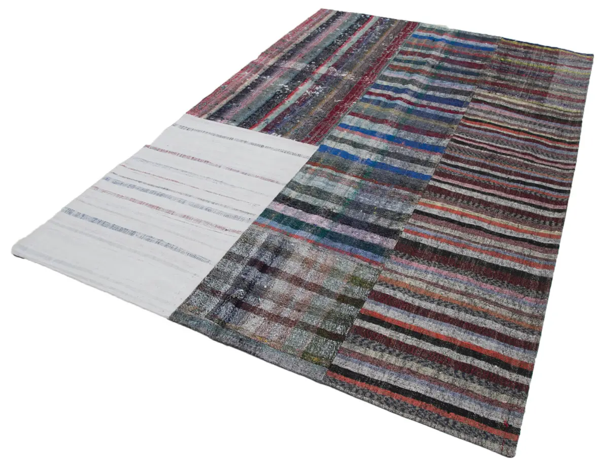 Chaput Patchwork Multi Renk Pamuk Üzerine Yün El Dokuma Kilim-196x299 - Görsel 3