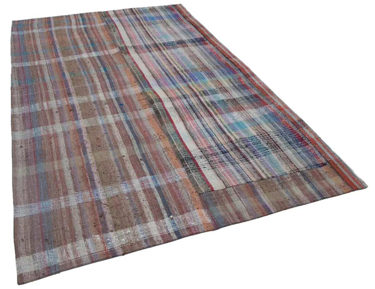Chaput Patchwork Multi Renk Pamuk Üzerine Yün El Dokuma Kilim-190x300 - Görsel 2