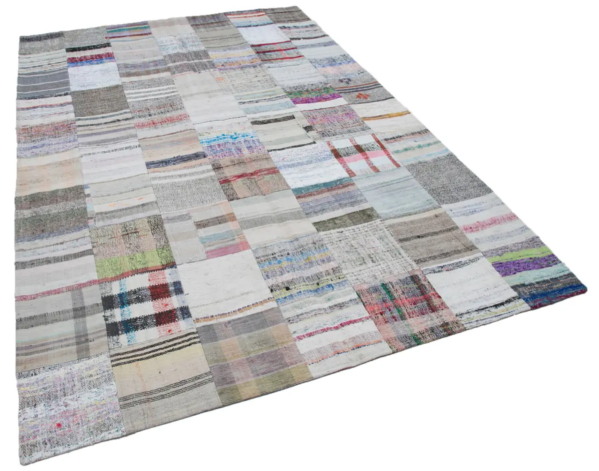 Chaput Patchwork Multi Renk Pamuk Üzerine Yün El Dokuma Kilim-202x299 - Görsel 2