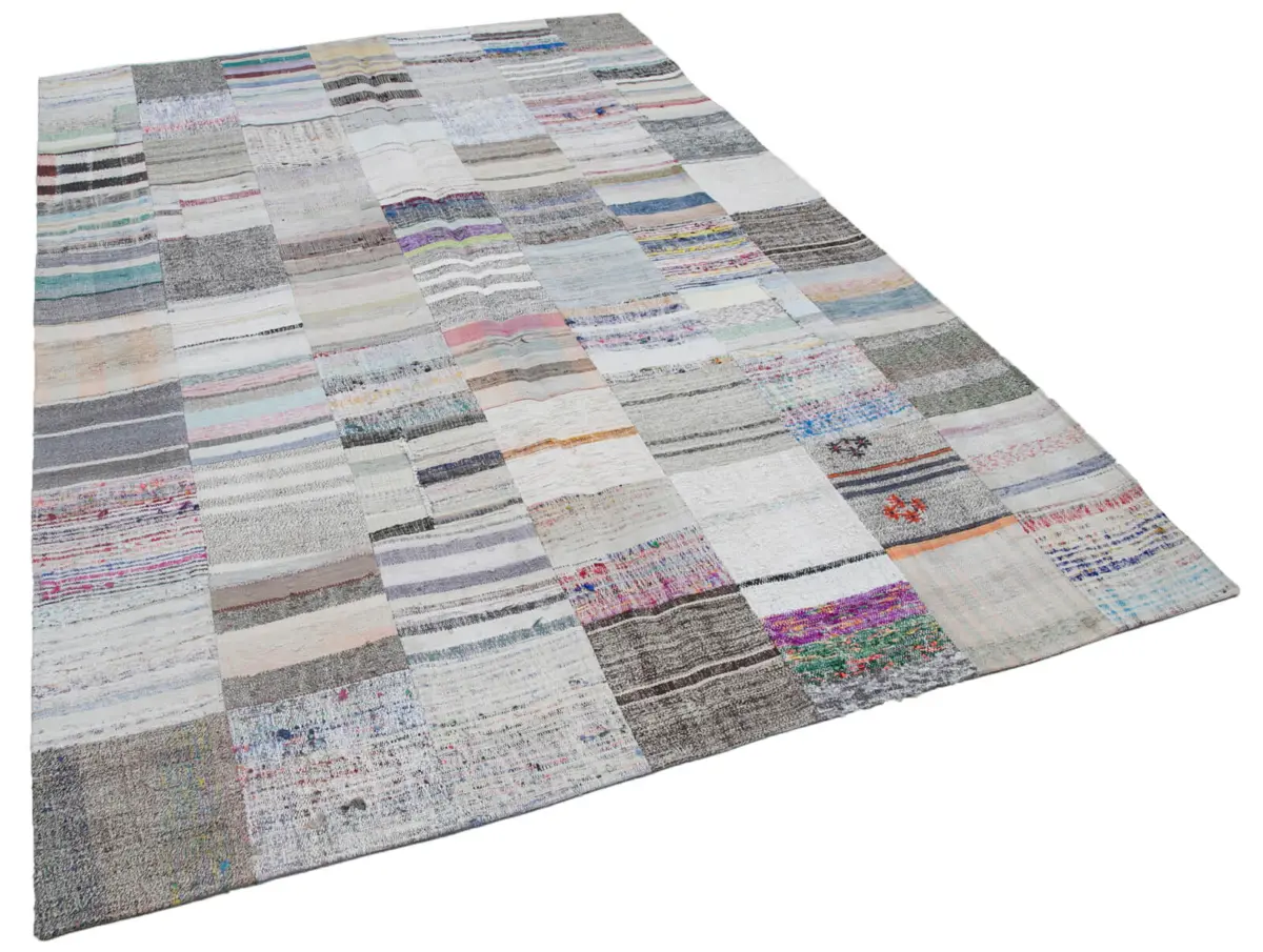 Chaput Patchwork Multi Renk Pamuk Üzerine Yün El Dokuma Kilim-202x299 - Görsel 2