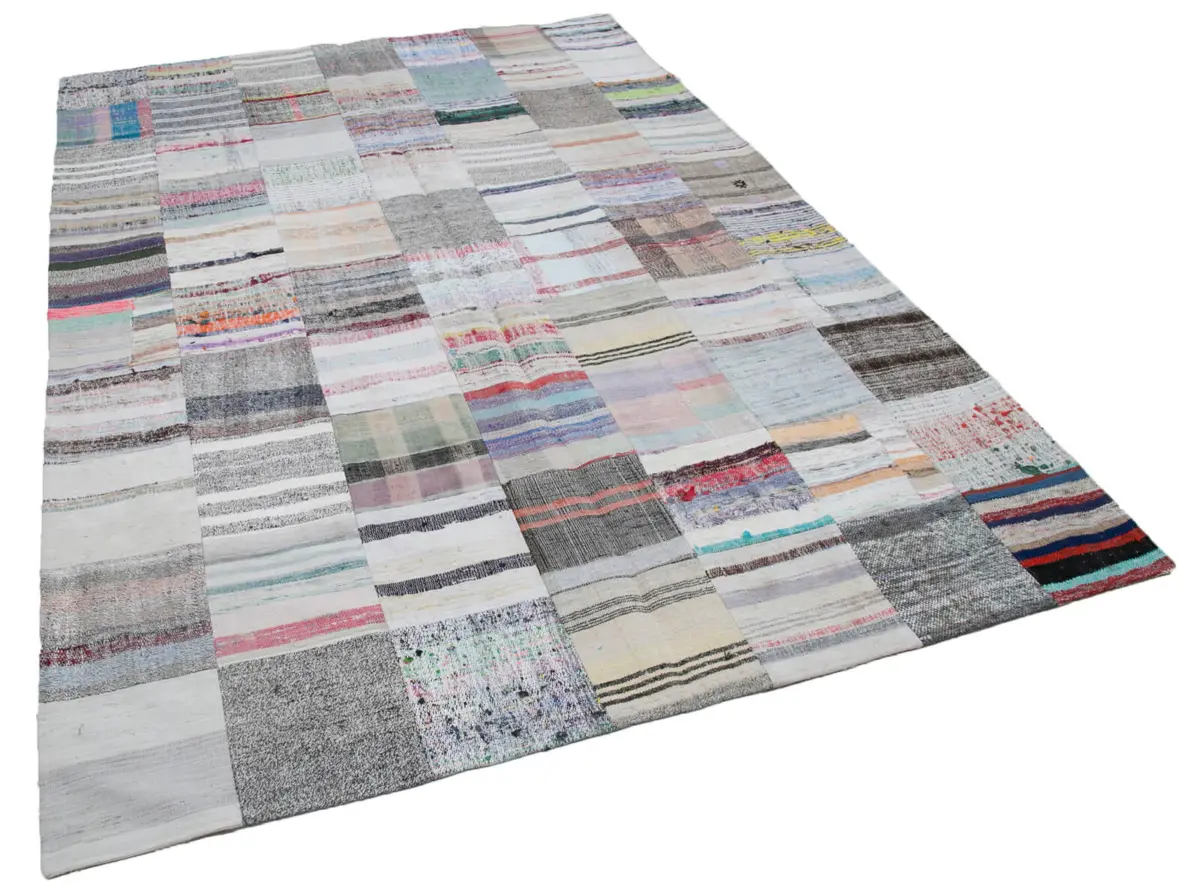 Chaput Patchwork Multi Renk Pamuk Üzerine Yün El Dokuma Kilim-202x298 - Görsel 2