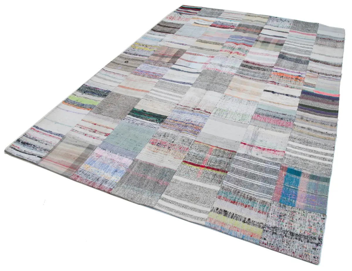 Chaput Patchwork Multi Renk Pamuk Üzerine Yün El Dokuma Kilim-202x298 - Görsel 3
