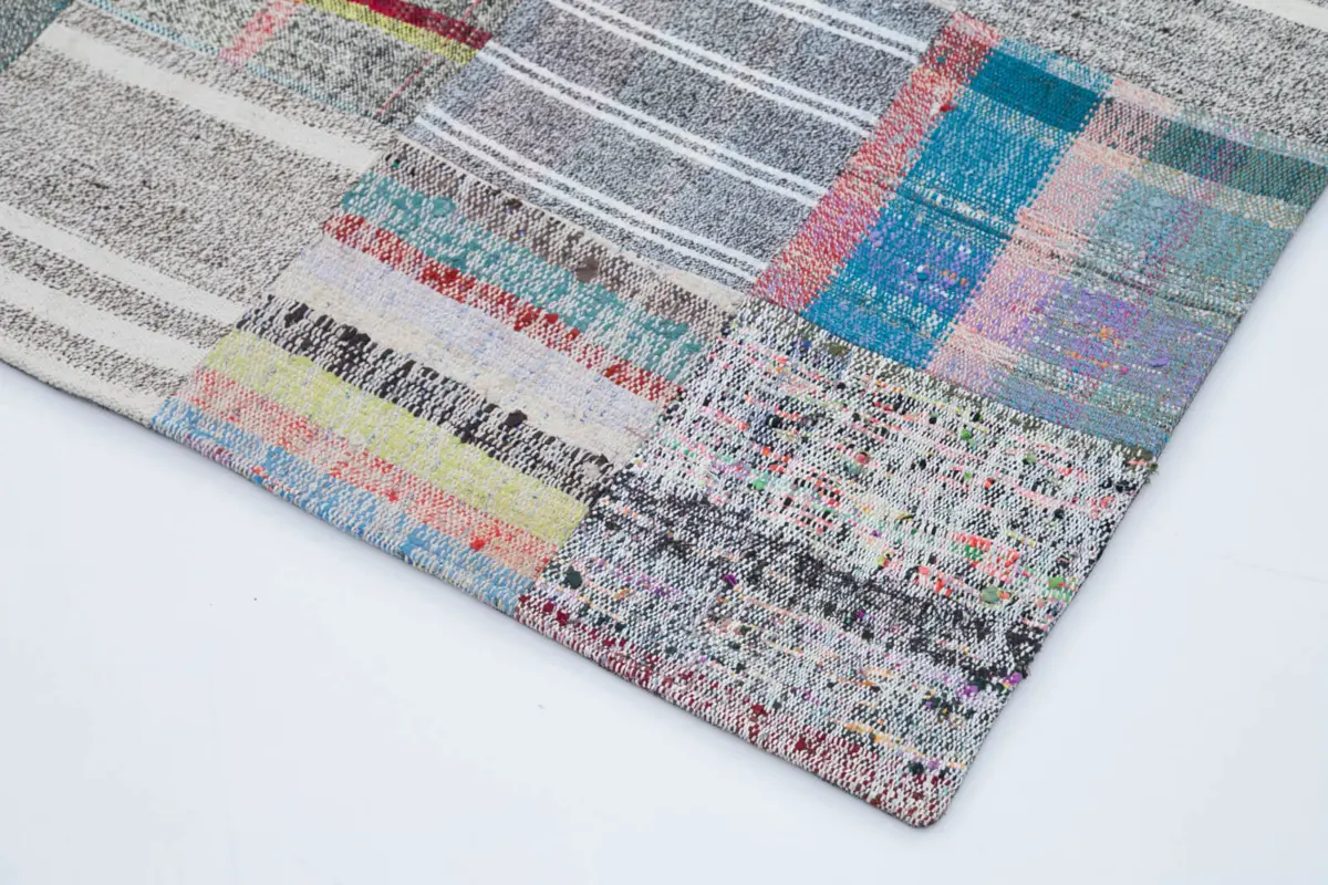 Chaput Patchwork Multi Renk Pamuk Üzerine Yün El Dokuma Kilim-202x298 - Görsel 4
