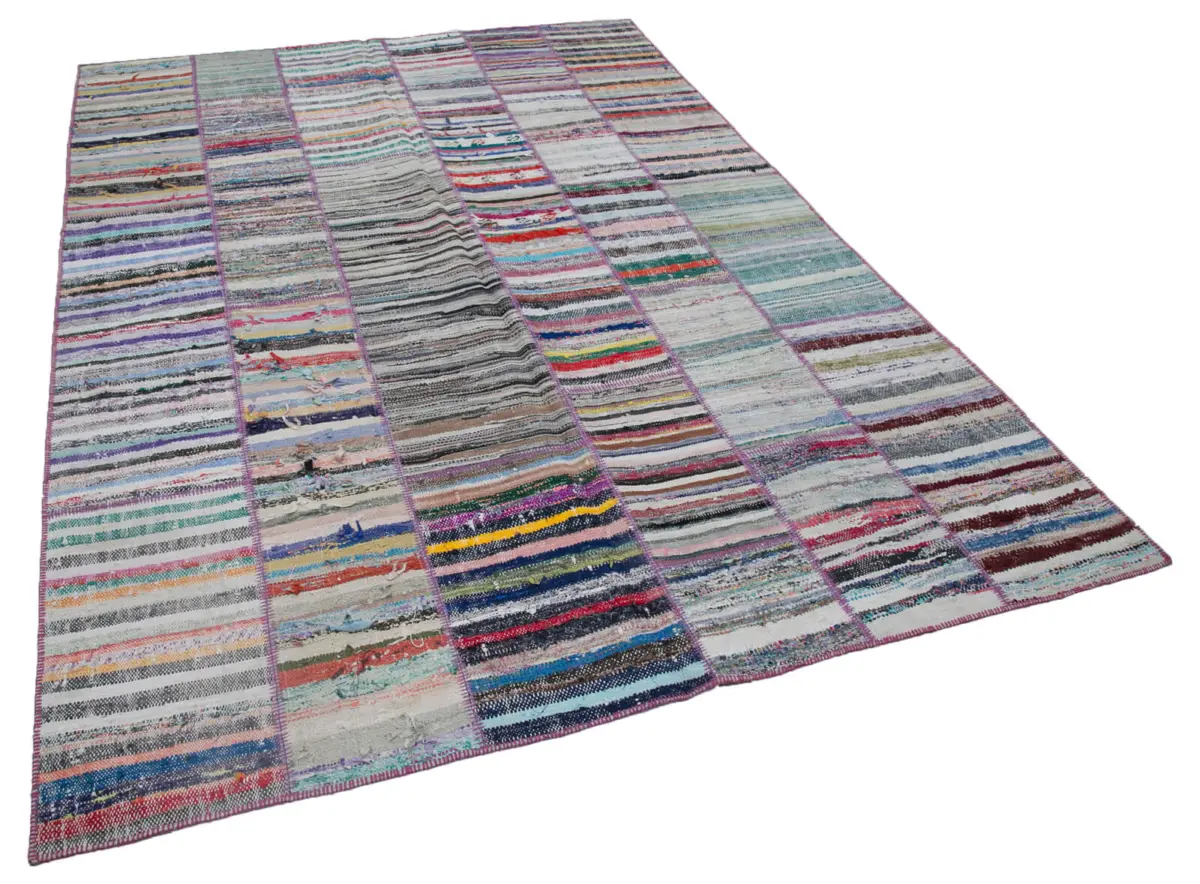 Chaput Patchwork Multi Renk Pamuk Üzerine Yün El Dokuma Kilim-203x292 - Görsel 2