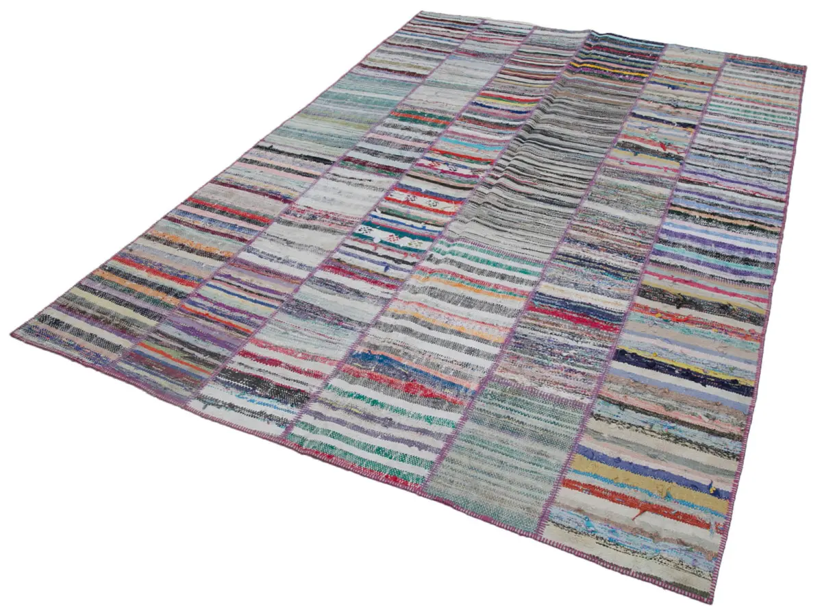 Chaput Patchwork Multi Renk Pamuk Üzerine Yün El Dokuma Kilim-203x292 - Görsel 3
