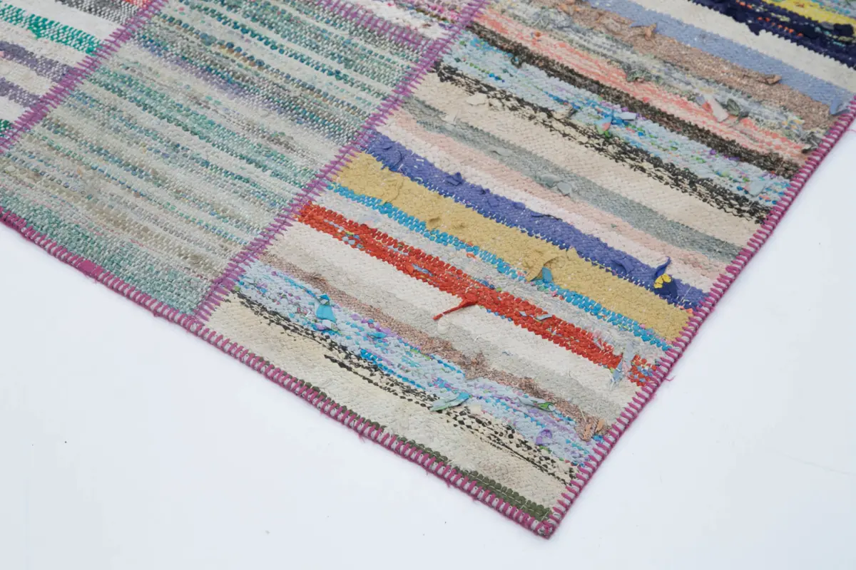 Chaput Patchwork Multi Renk Pamuk Üzerine Yün El Dokuma Kilim-203x292 - Görsel 4