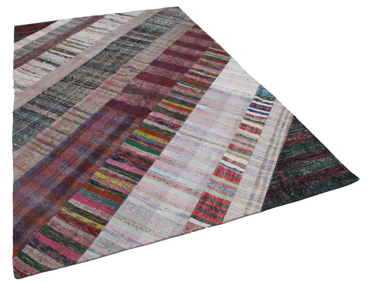 Chaput Patchwork Multi Renk Pamuk Üzerine Yün El Dokuma Kilim-200x305 - Görsel 2