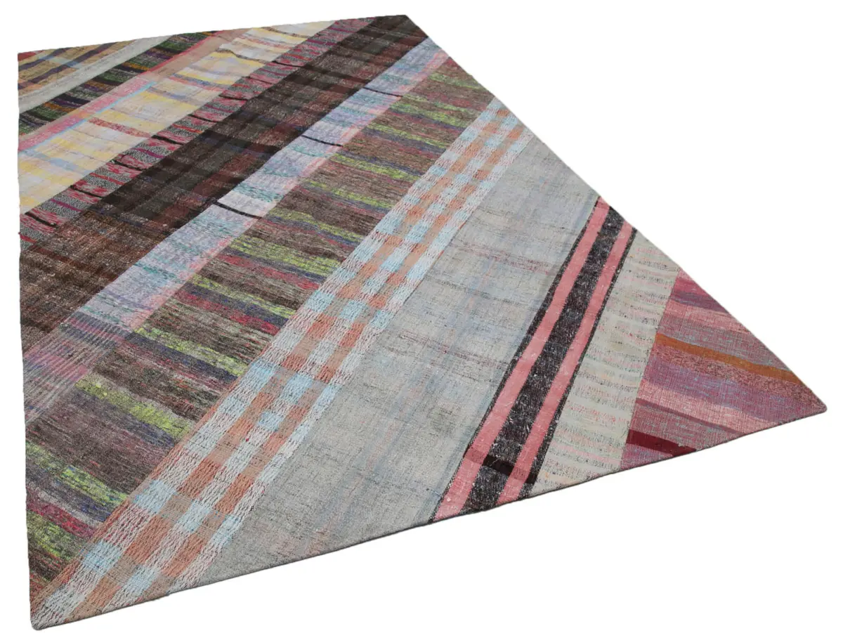 Chaput Patchwork Multi Renk Pamuk Üzerine Yün El Dokuma Kilim-199x305 - Görsel 2