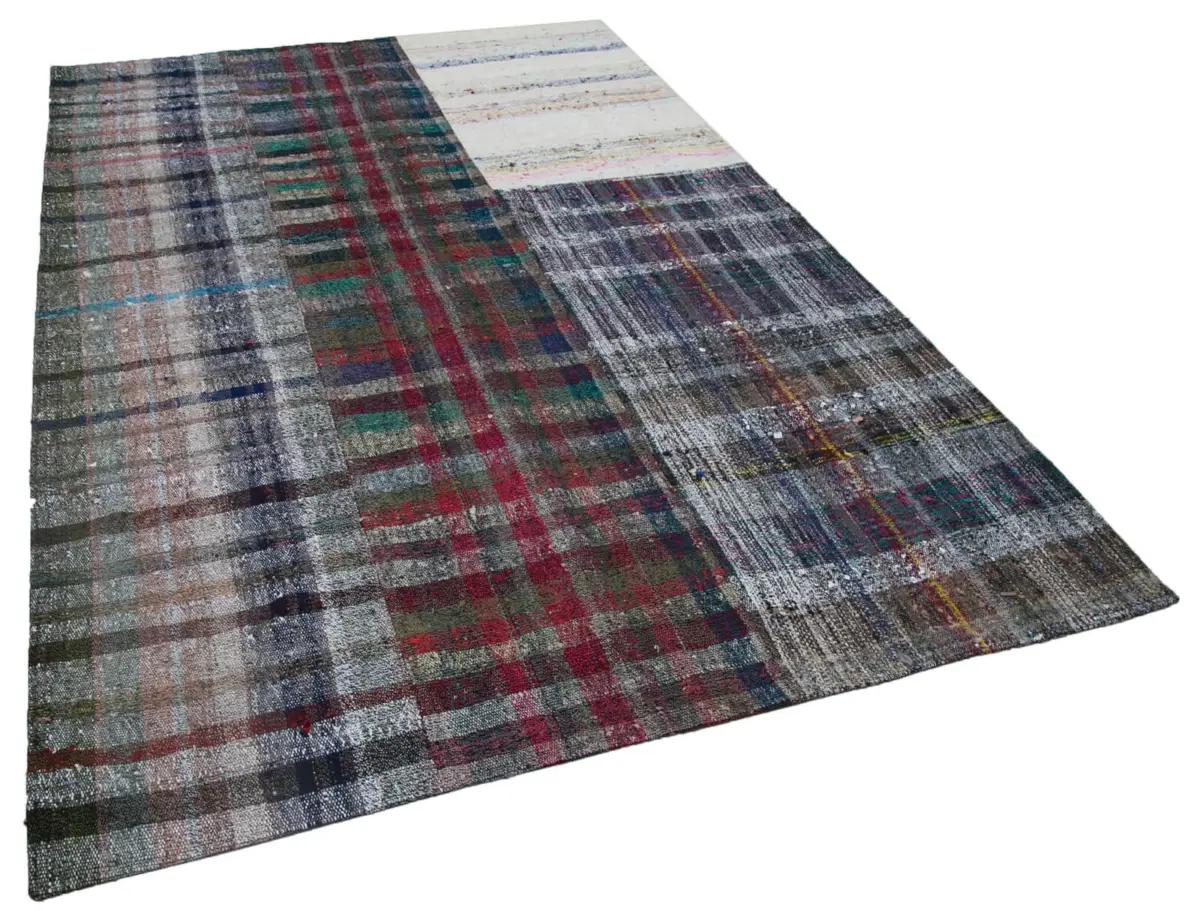 Chaput Patchwork Multi Renk Pamuk Üzerine Yün El Dokuma Kilim-200x300 - Görsel 2