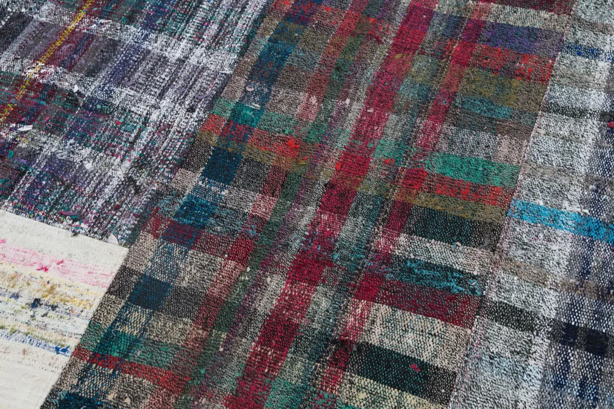 Chaput Patchwork Multi Renk Pamuk Üzerine Yün El Dokuma Kilim-200x300 - Görsel 6