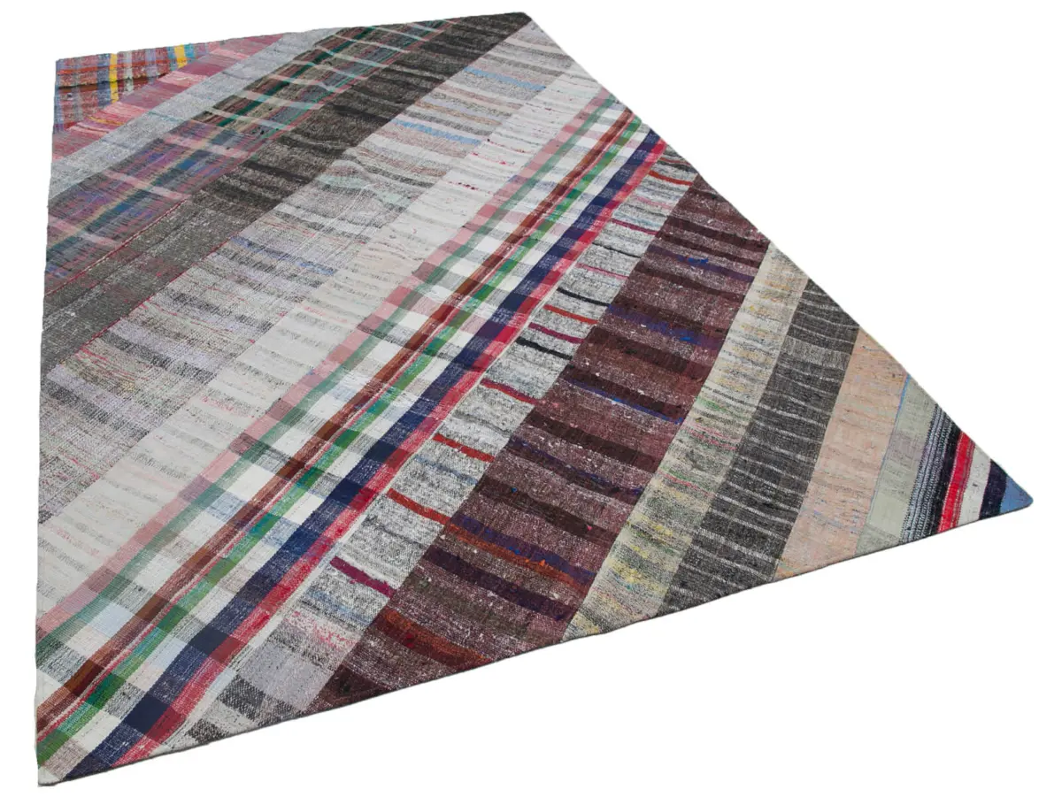 Chaput Patchwork Multi Renk Pamuk Üzerine Yün El Dokuma Kilim-203x304 - Görsel 2