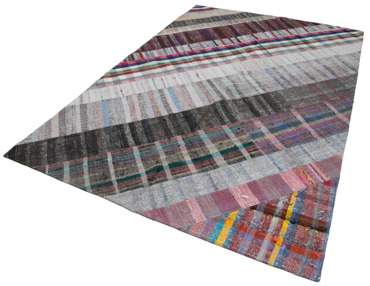 Chaput Patchwork Multi Renk Pamuk Üzerine Yün El Dokuma Kilim-203x304 - Görsel 3