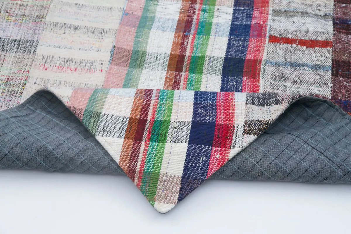 Chaput Patchwork Multi Renk Pamuk Üzerine Yün El Dokuma Kilim-203x304 - Görsel 5