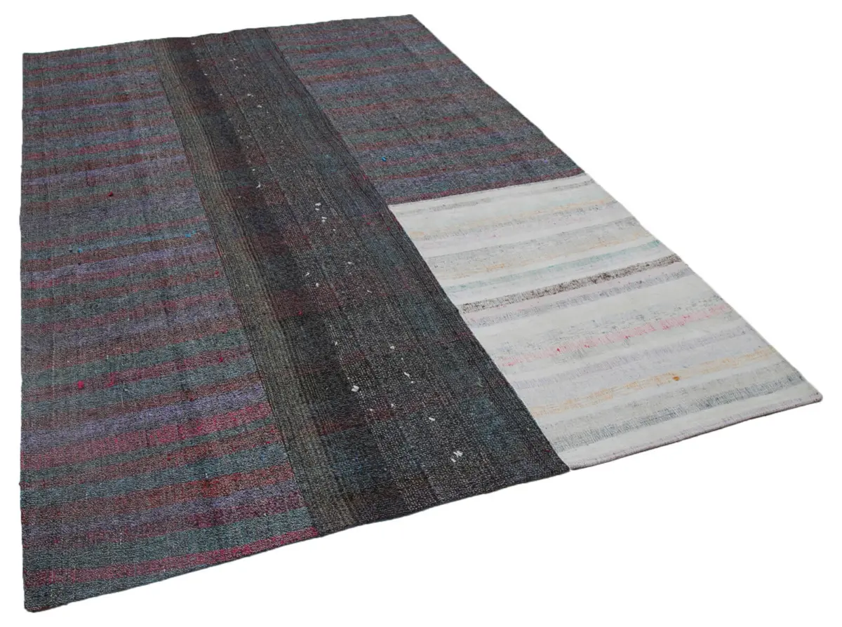 Chaput Patchwork Multi Renk Pamuk Üzerine Yün El Dokuma Kilim-201x302 - Görsel 2