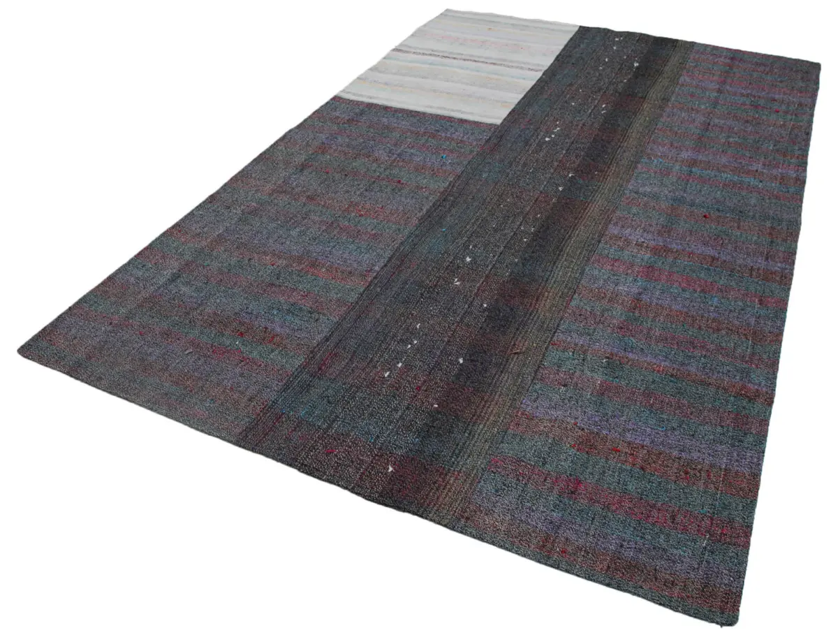Chaput Patchwork Multi Renk Pamuk Üzerine Yün El Dokuma Kilim-201x302 - Görsel 3