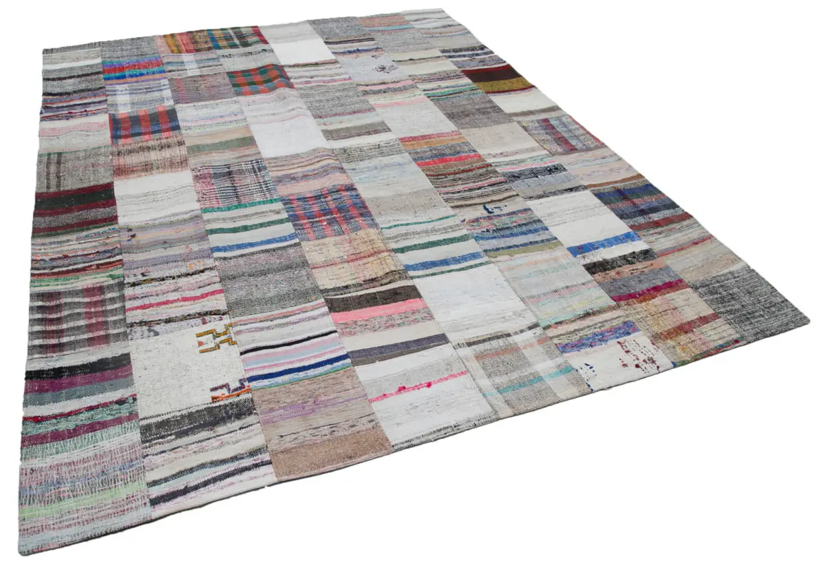 Chaput Patchwork Multi Renk Pamuk Üzerine Yün El Dokuma Kilim-240x300 - Görsel 2