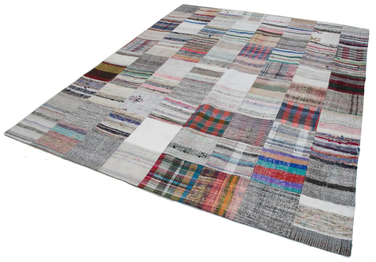 Chaput Patchwork Multi Renk Pamuk Üzerine Yün El Dokuma Kilim-240x300 - Görsel 3