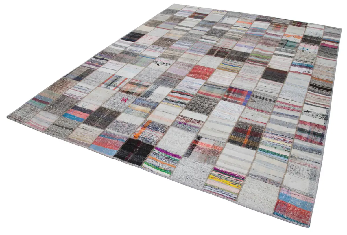 Chaput Patchwork Multi Renk Pamuk Üzerine Yün El Dokuma Kilim-242x305 - Görsel 3