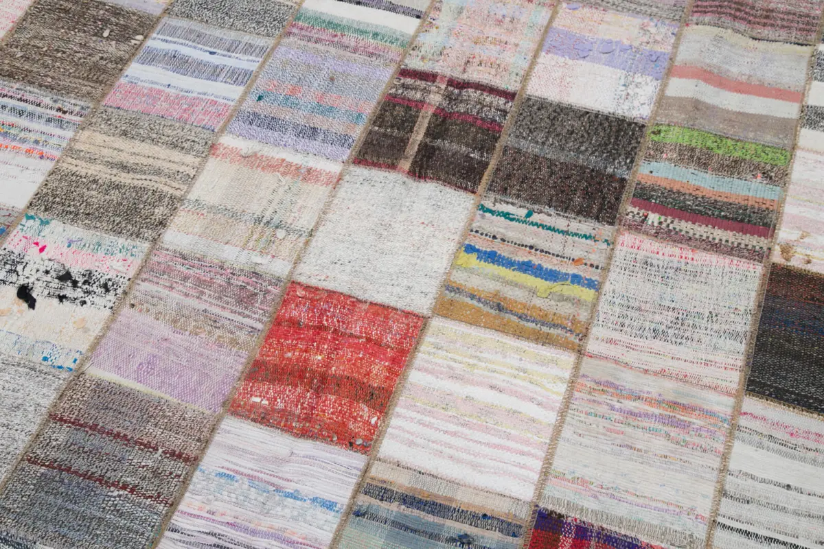 Chaput Patchwork Multi Renk Pamuk Üzerine Yün El Dokuma Kilim-242x305 - Görsel 6
