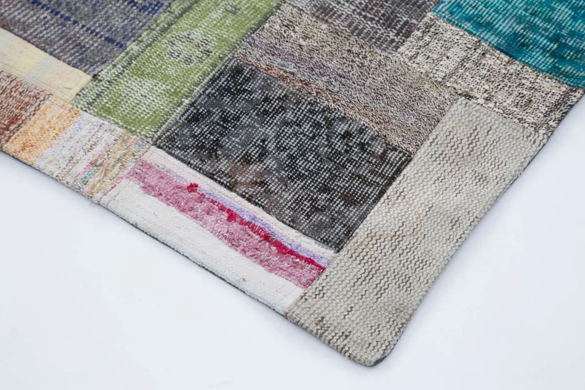 Chaput Patchwork Multi Renk Pamuk Üzerine Yün El Dokuma Kilim-200x300 - Görsel 4