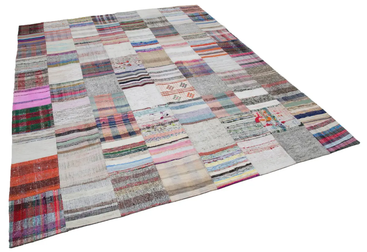 Chaput Patchwork Multi Renk Pamuk Üzerine Yün El Dokuma Kilim-240x300 - Görsel 2
