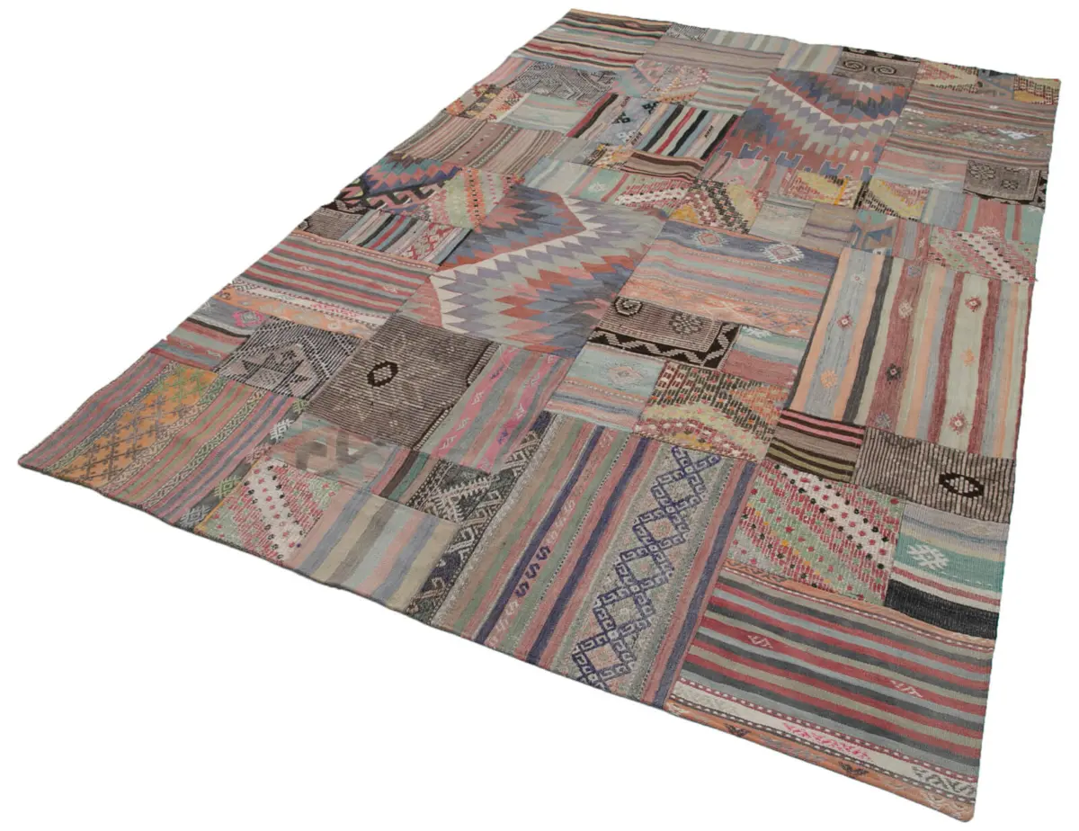 Anadolu Patchwork Multi Renk Pamuk Üzerine Yün El Dokuma Kilim-203x302 - Görsel 3