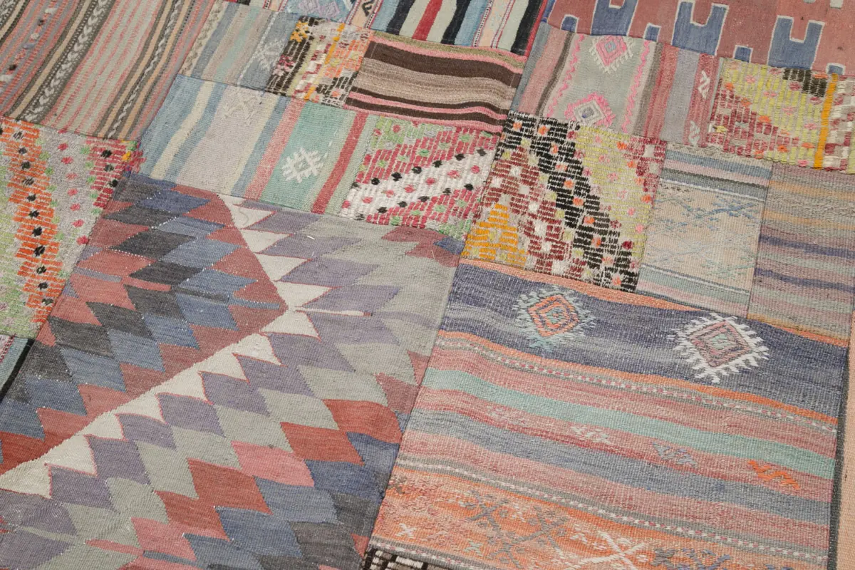 Anadolu Patchwork Multi Renk Pamuk Üzerine Yün El Dokuma Kilim-203x302 - Görsel 6