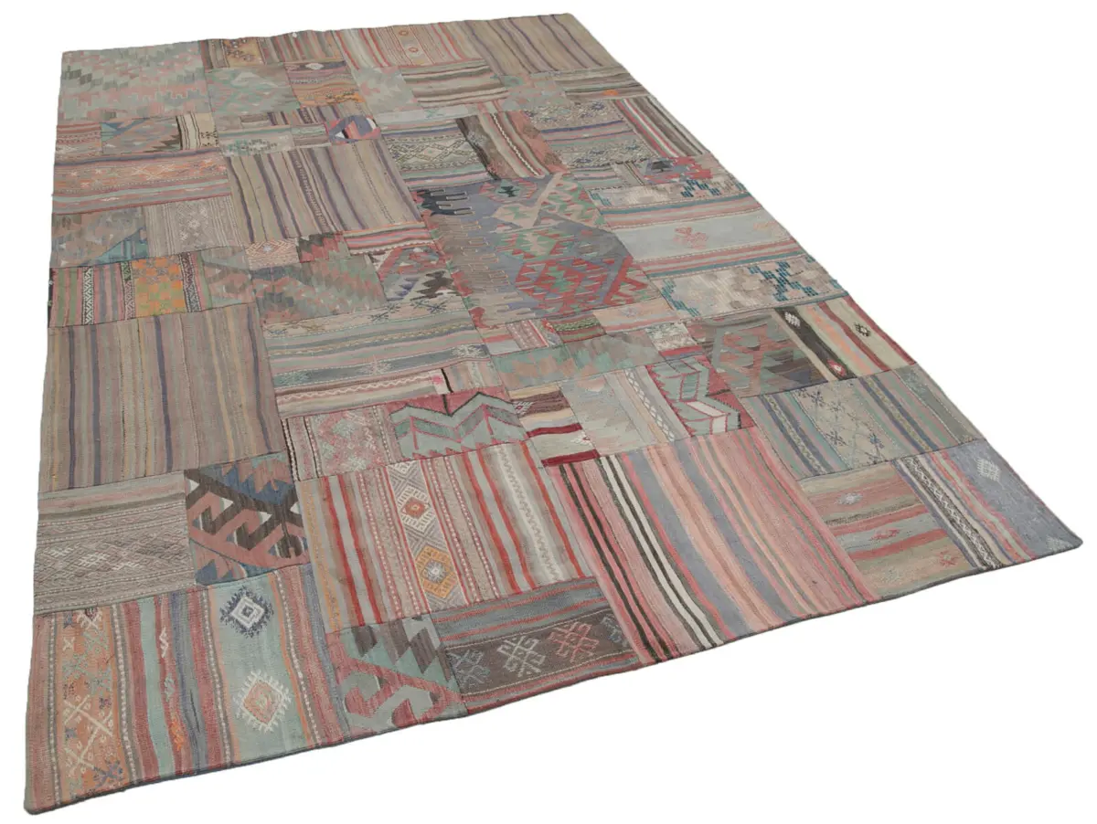 Anadolu Patchwork Multi Renk Pamuk Üzerine Yün El Dokuma Kilim-202x302 - Görsel 2