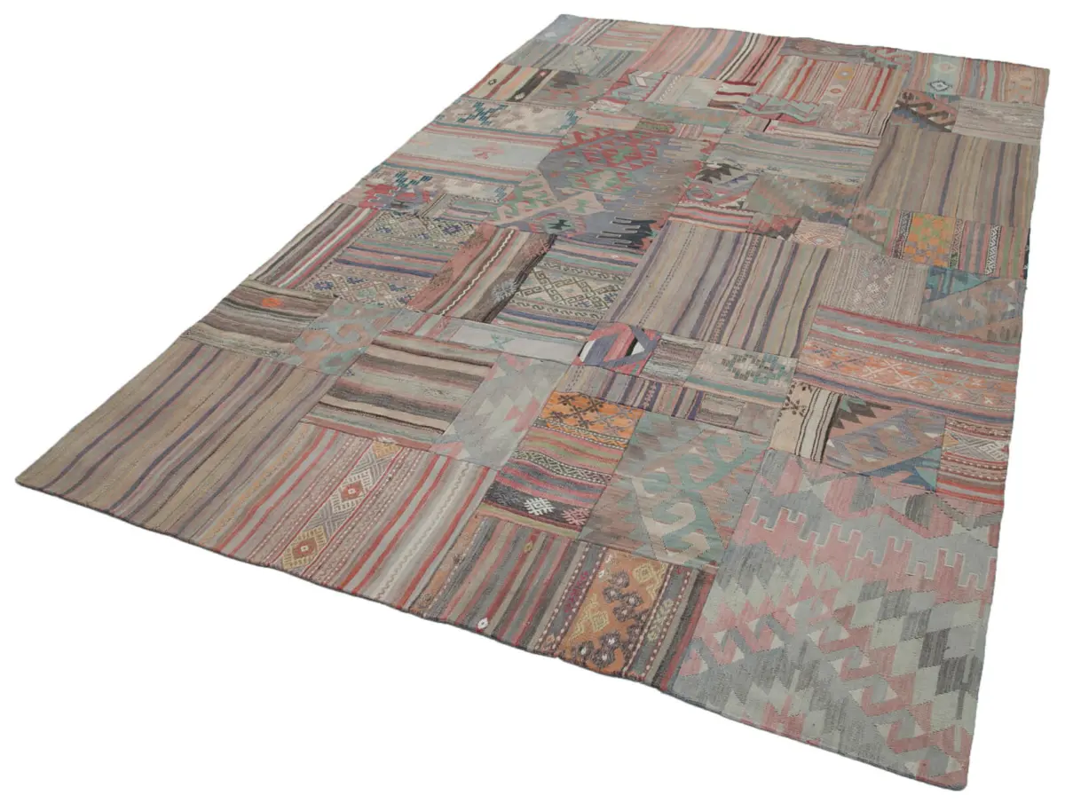 Anadolu Patchwork Multi Renk Pamuk Üzerine Yün El Dokuma Kilim-202x302 - Görsel 3
