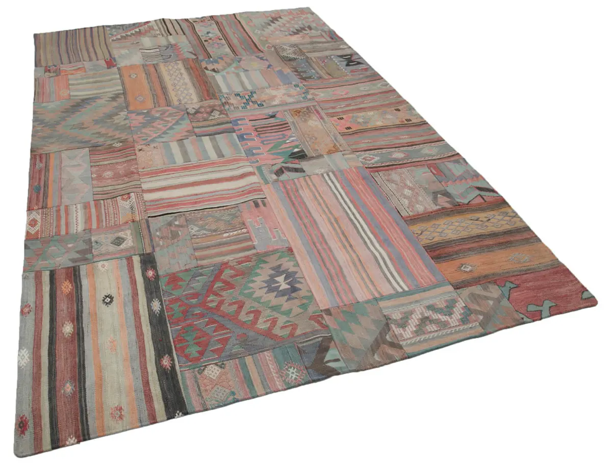 Anadolu Patchwork Multi Renk Pamuk Üzerine Yün El Dokuma Kilim-202x302 - Görsel 2