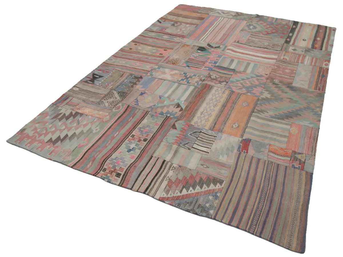 Anadolu Patchwork Multi Renk Pamuk Üzerine Yün El Dokuma Kilim-202x302 - Görsel 3