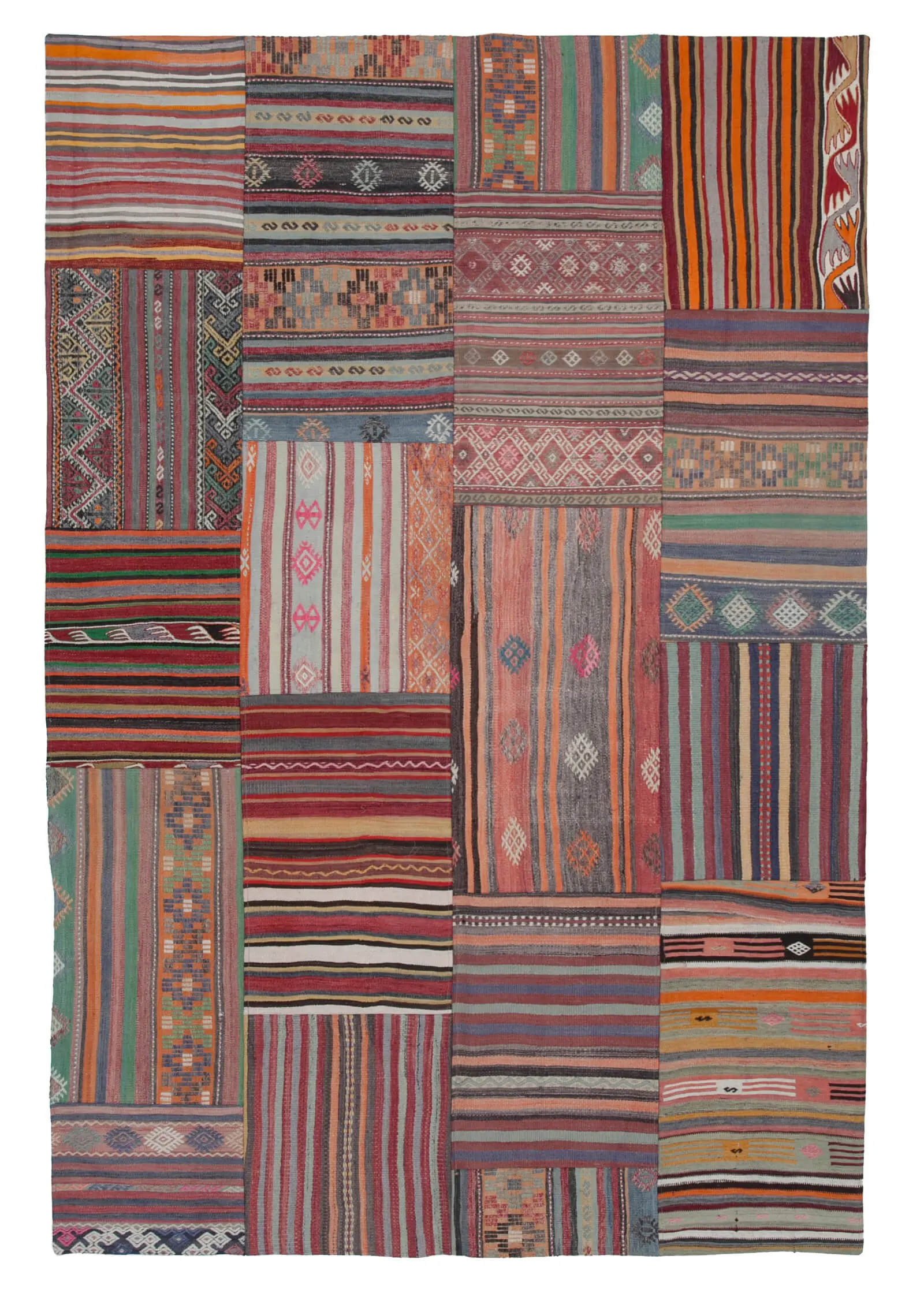 Anadolu Patchwork Multi Renk Pamuk Üzerine Yün El Dokuma Kilim-203x301 - Görsel 1