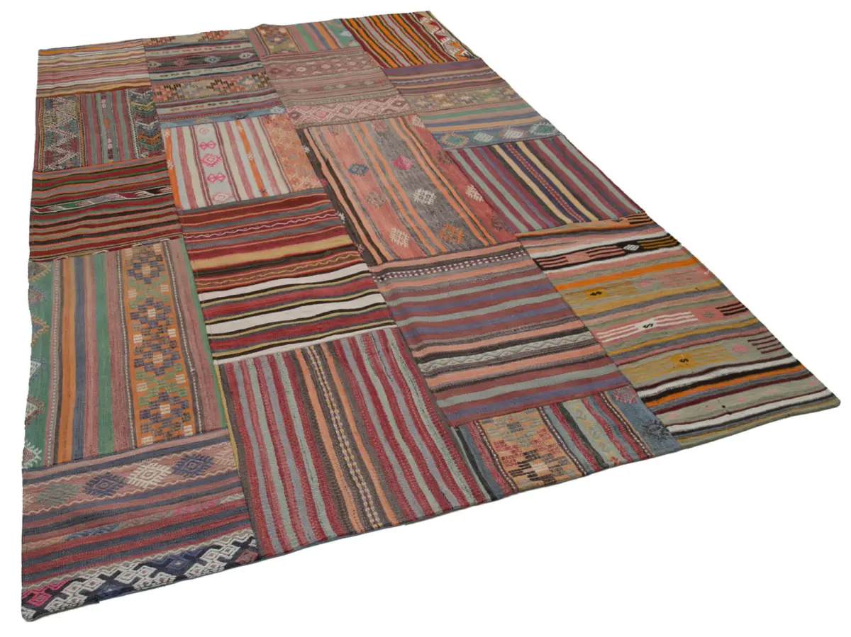 Anadolu Patchwork Multi Renk Pamuk Üzerine Yün El Dokuma Kilim-203x301 - Görsel 2