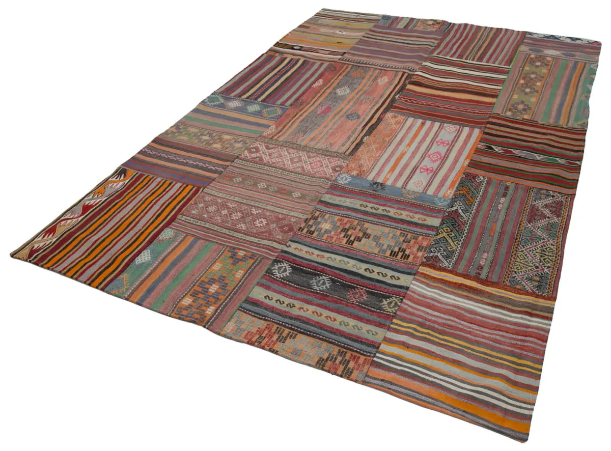 Anadolu Patchwork Multi Renk Pamuk Üzerine Yün El Dokuma Kilim-203x301 - Görsel 3