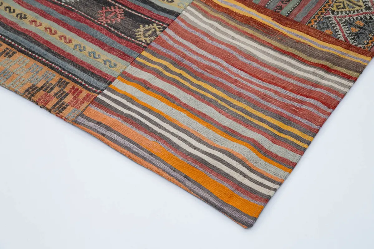 Anadolu Patchwork Multi Renk Pamuk Üzerine Yün El Dokuma Kilim-203x301 - Görsel 4