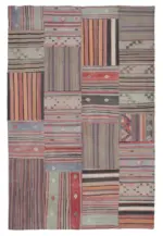Anadolu Patchwork Kahverengi Renk Pamuk Üzerine Yün El Dokuma Kilim-204x302