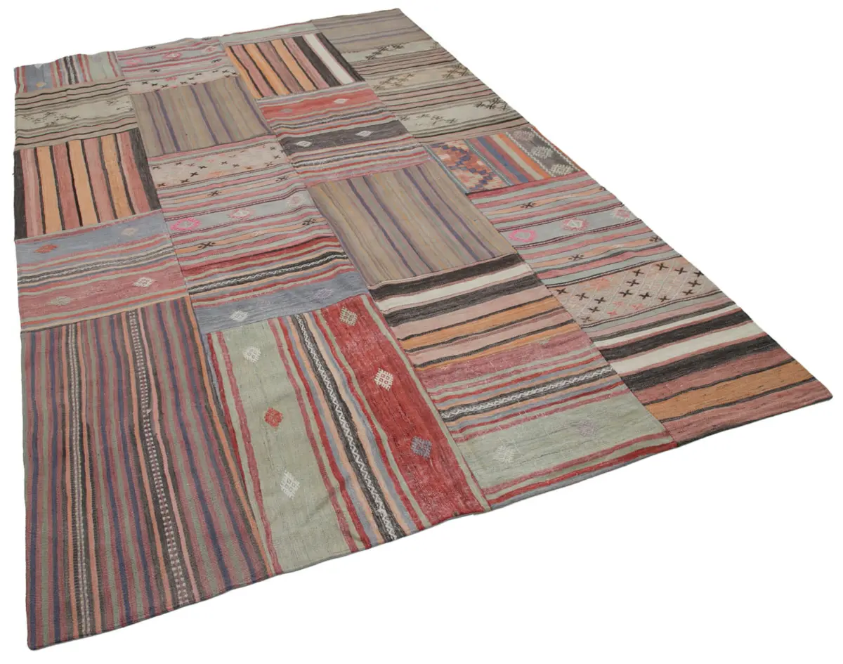 Anadolu Patchwork Kahverengi Renk Pamuk Üzerine Yün El Dokuma Kilim-204x302 - Görsel 2