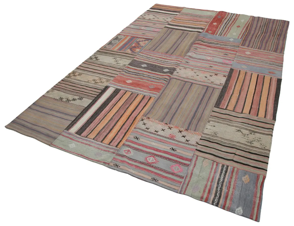 Anadolu Patchwork Kahverengi Renk Pamuk Üzerine Yün El Dokuma Kilim-204x302 - Görsel 3