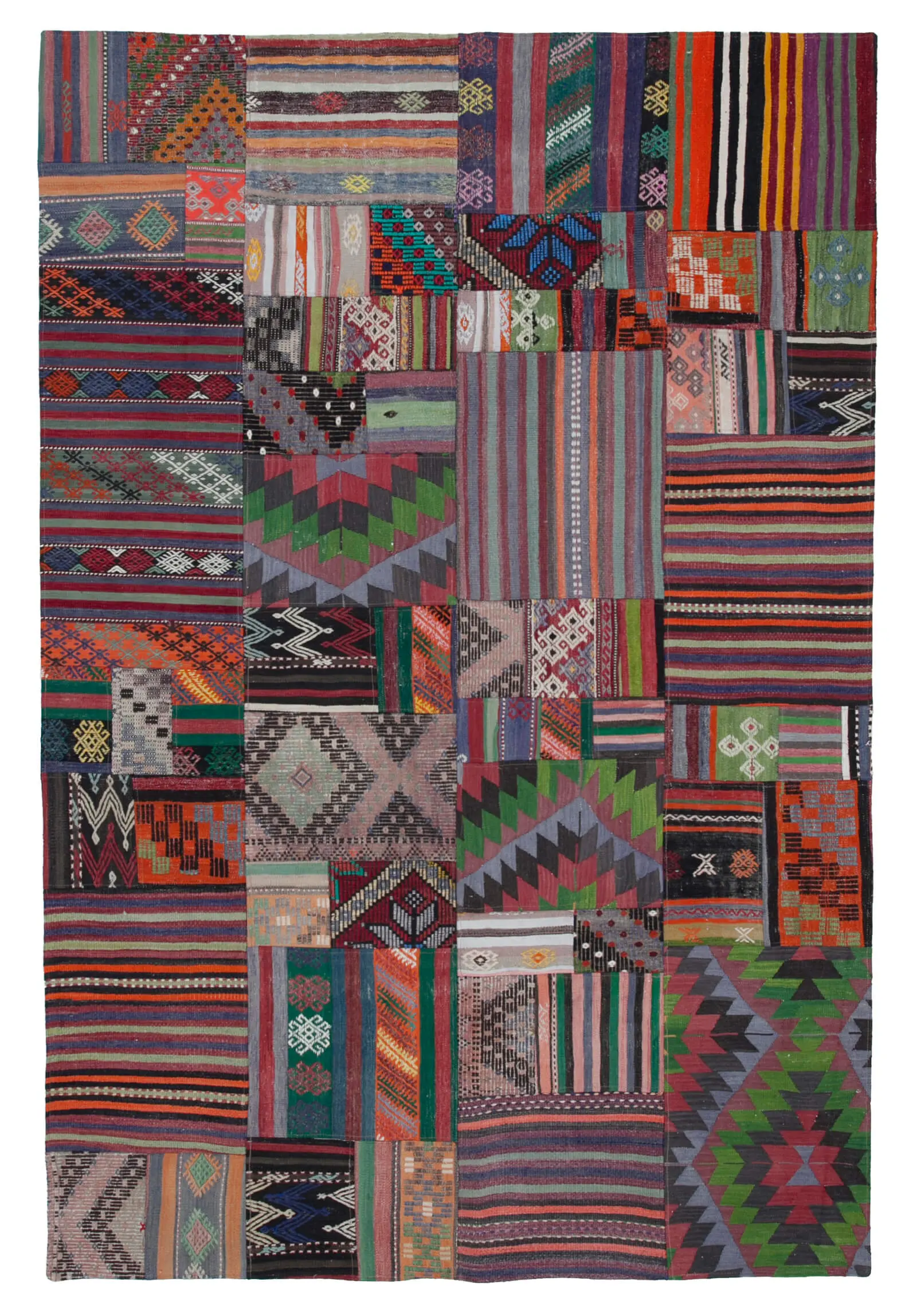Anadolu Patchwork Multi Renk Pamuk Üzerine Yün El Dokuma Kilim-202x301 - Görsel 1